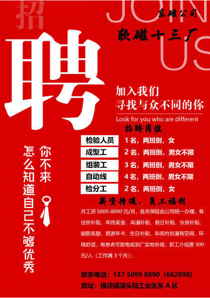 横店东磁软磁十三厂招工